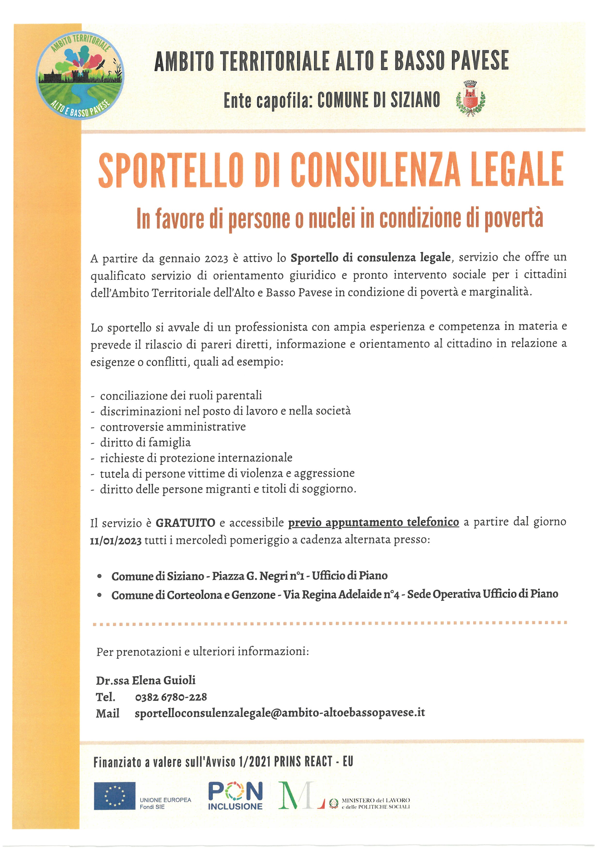 Sportello di consulenza legale in favore di persone o nuclei in condizione di povertà