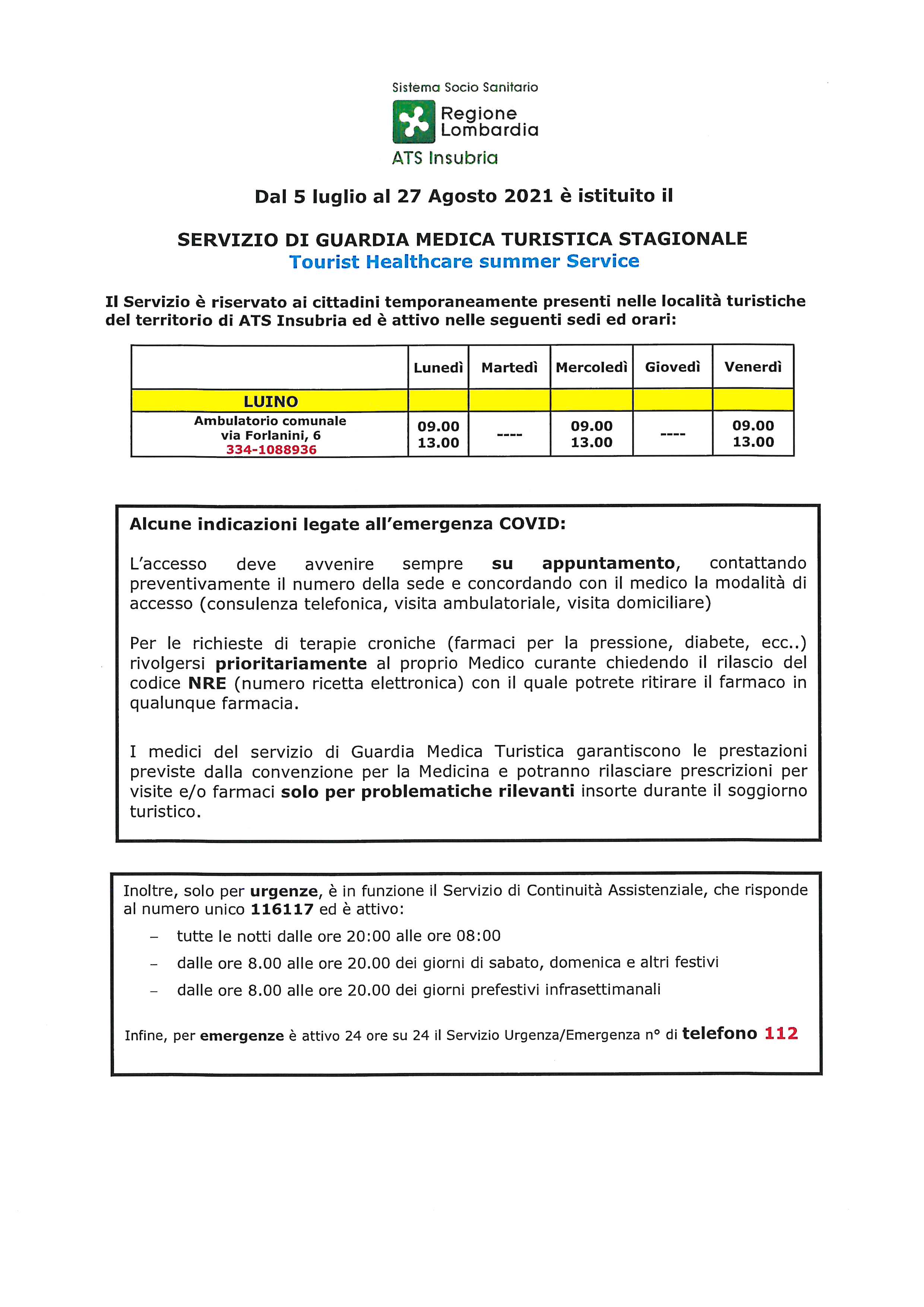 SERVIZIO DI GUARDIA MEDICA TURISTICA STAGIONALE DAL 5 LUGLIO AL 27 AGOSTO 2021